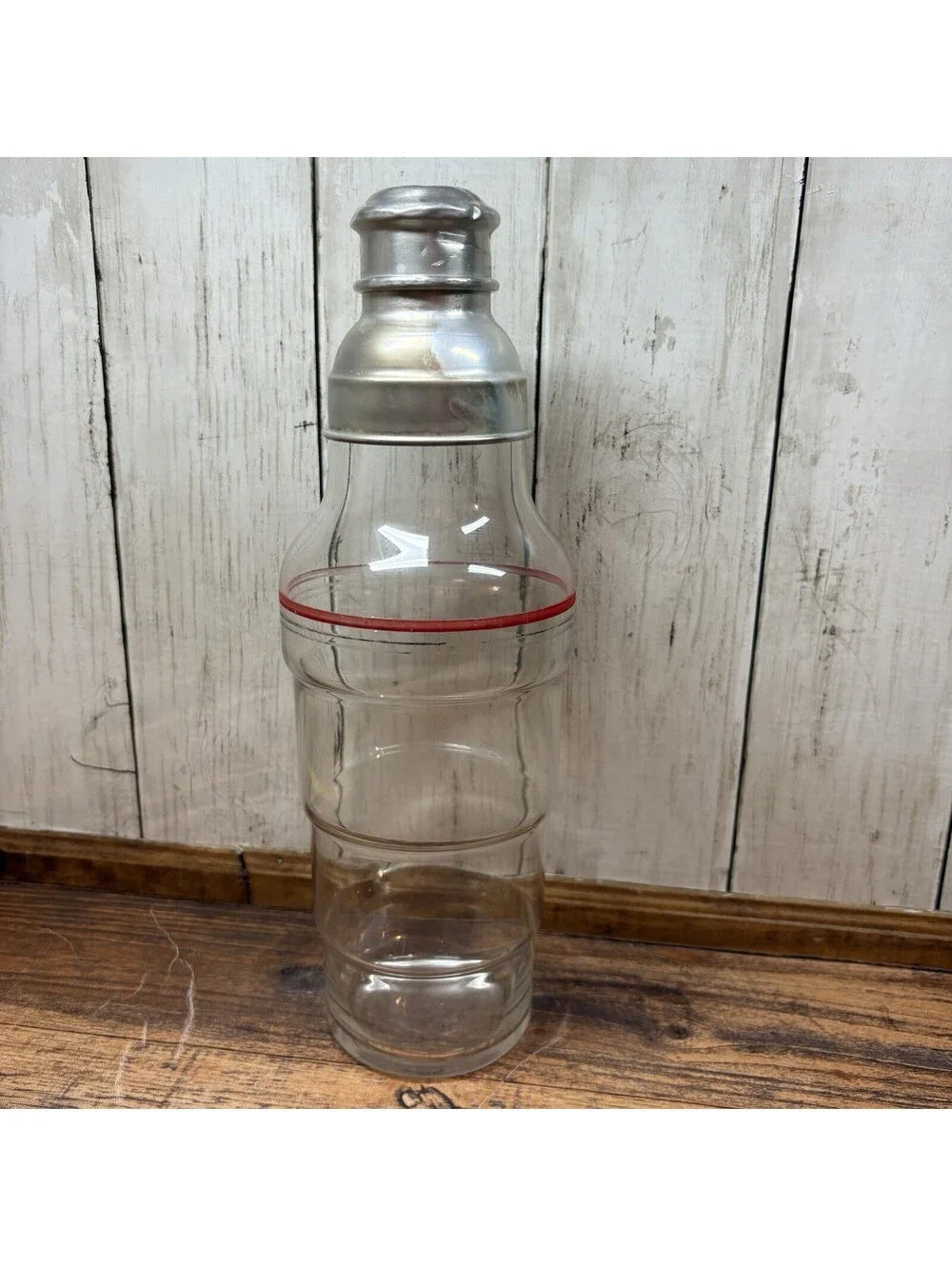 Vintage Cocktail Shaker Red Stripe Art Deco Glass MCM Aluminum Cap Drink Mixer